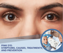 Image of person's eyes, with one red and irritated